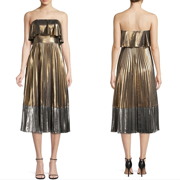 🔥Aidan Mattox Metallic Pleated Gold + Silver MIdi Dress - Picture 1 of 17